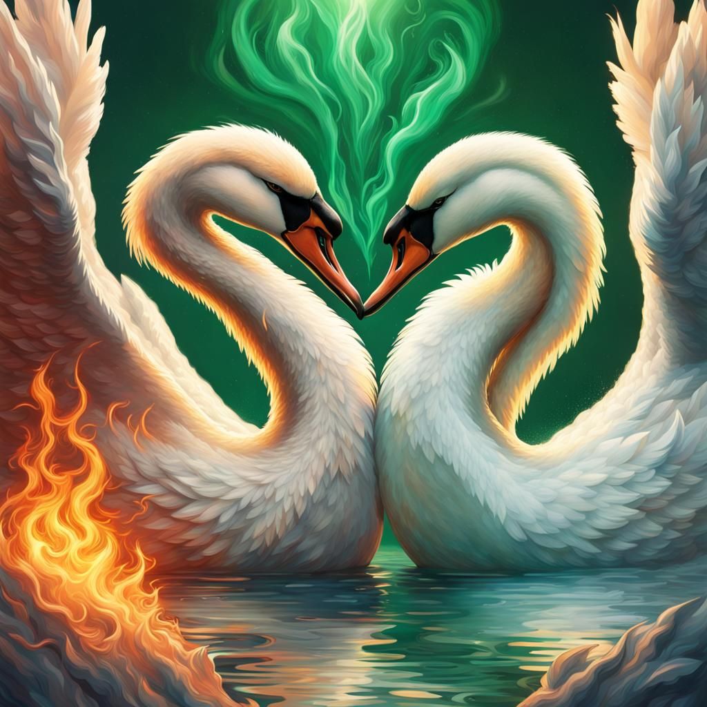 Ice and Fire Swans Kissing with Emerald Heart