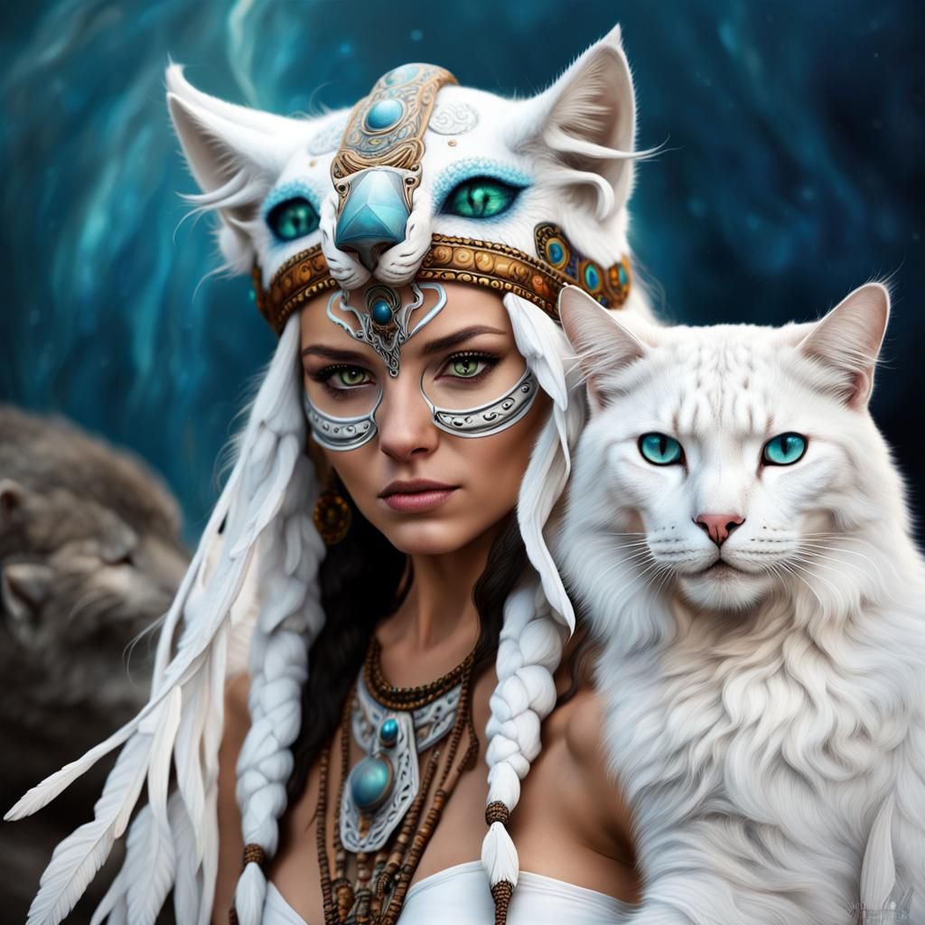 Mystical Shaman and White Cat on Neptune