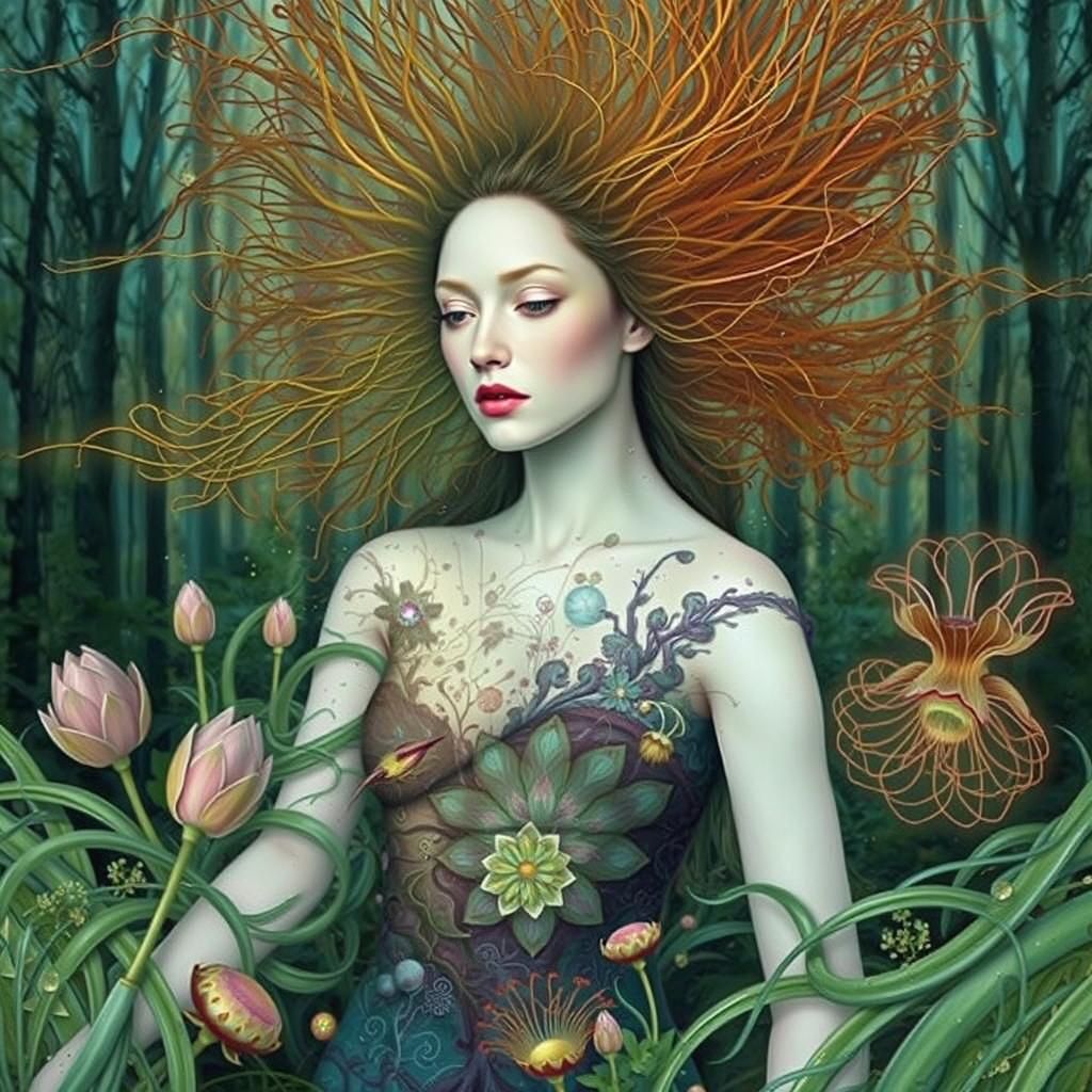 Lotus-Human Hybrid in Mycelium Network, Detailed Render