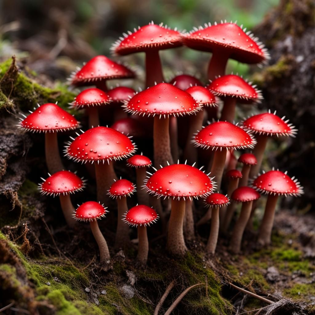 spiky evil red mushroom, fungus with many metallic spikes