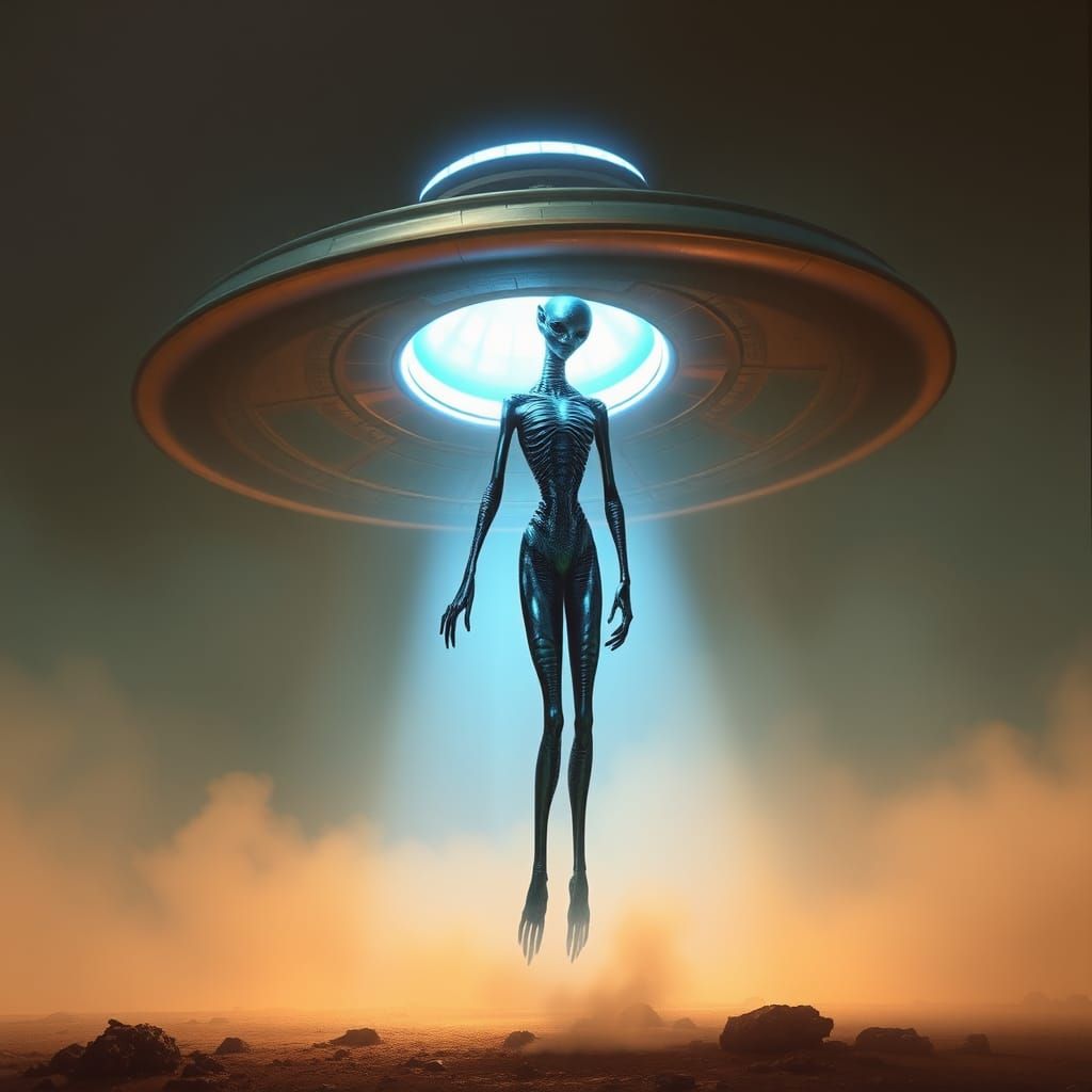 Ethereal Alien Emergence from Sleek Metallic UFO