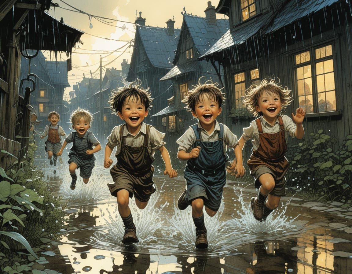 Joyful Rascals Leap into Evening Puddles in Whimsical Style