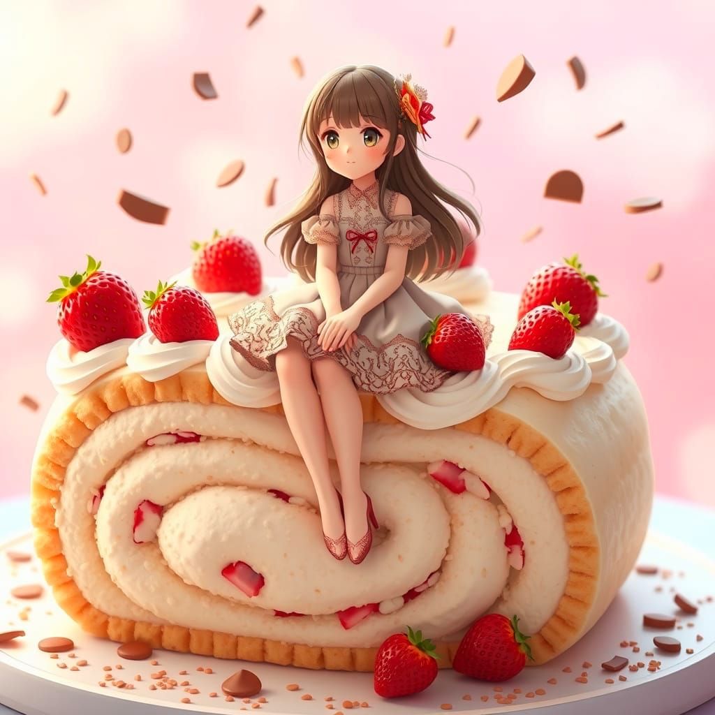 Whimsical Anime Girl Surrounded by Vibrant Pastel Swiss Roll...