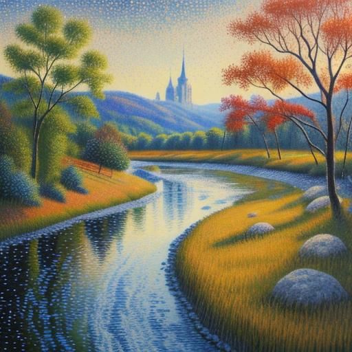 Pointillist River Landscape Painting