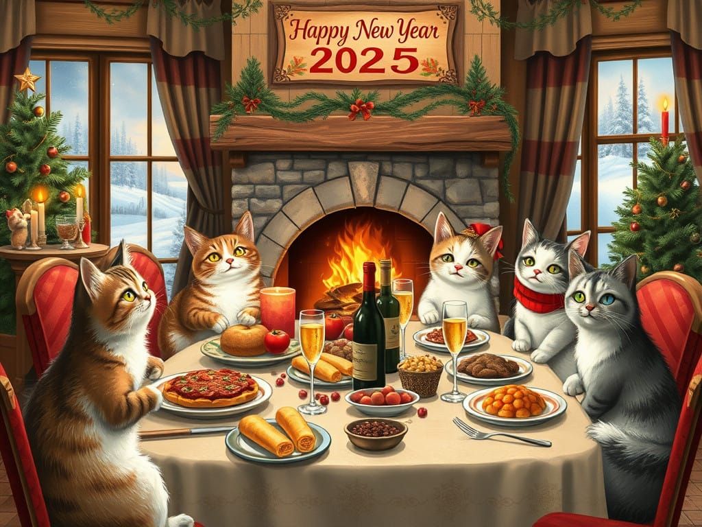 Whimsical Feline Family Celebrates Holiday Feast in Cozy Win...