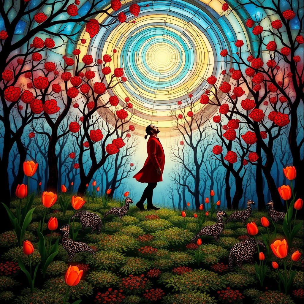 Man in Red with Tulips, Dreamlike Ethereal Art