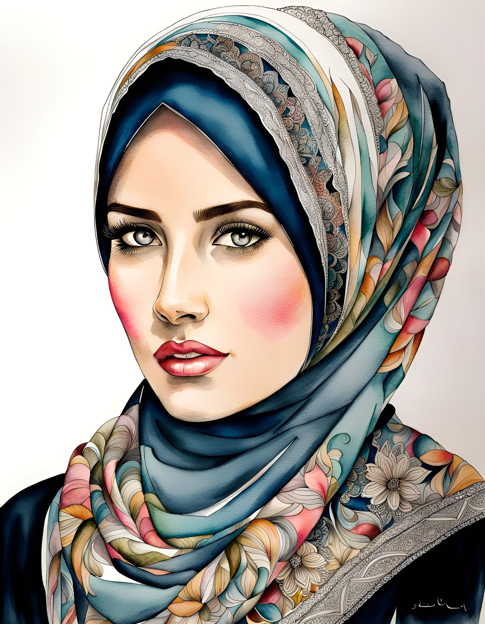 Beautiful Woman in Hijab: Watercolor and Ink Portrait