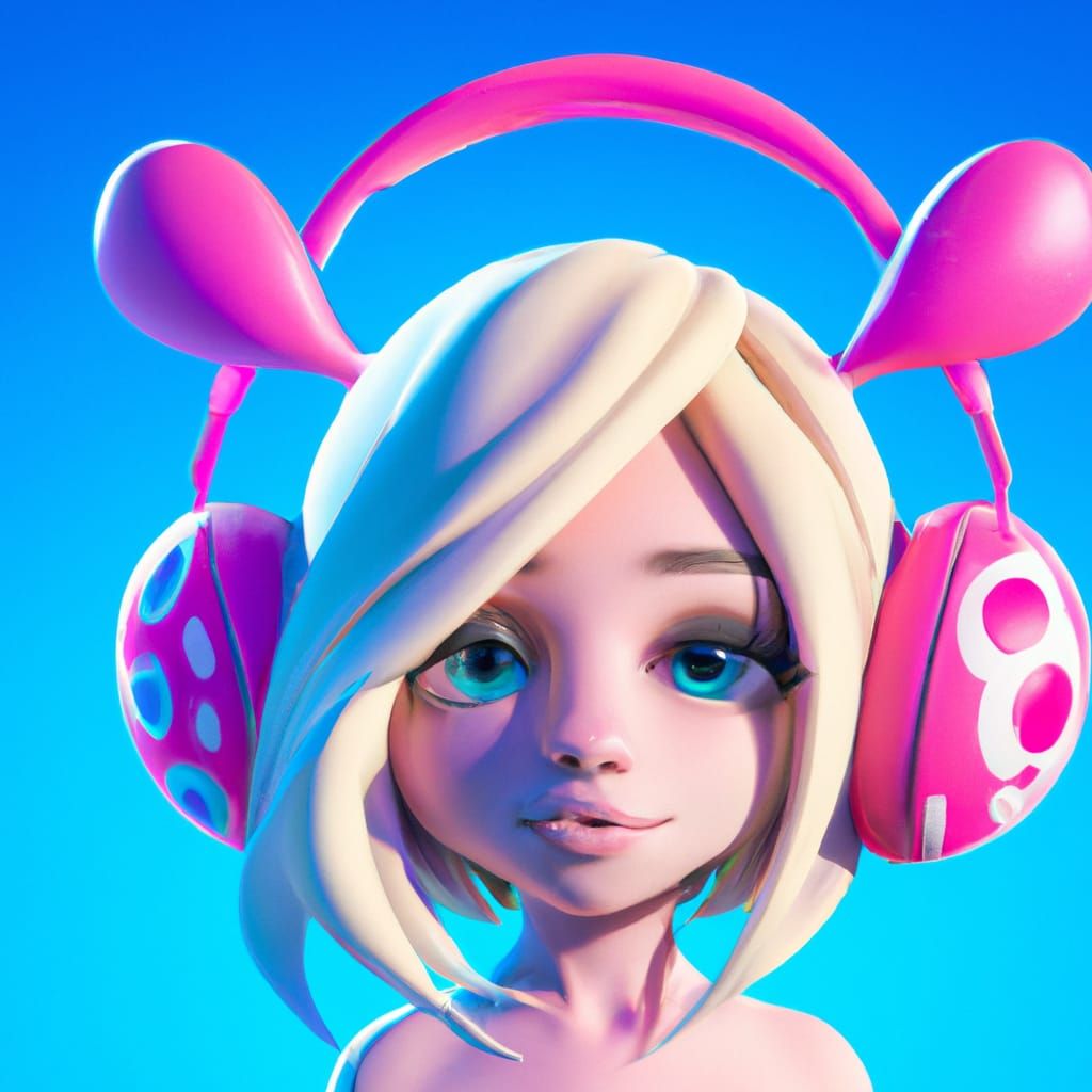 Blonde E-Girl with Pink Headphones in Pixar Style