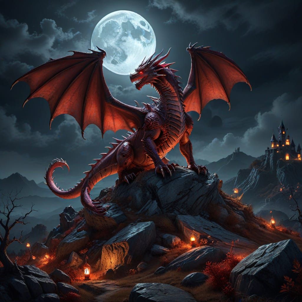 Majestic Red Dragon on Hill Under Full Moon