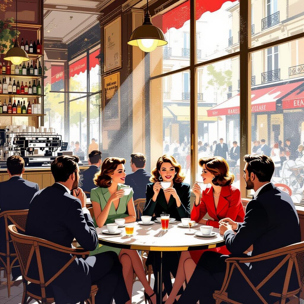 1960s Parisian Cafe Scene in Mid-Century Illustration Style