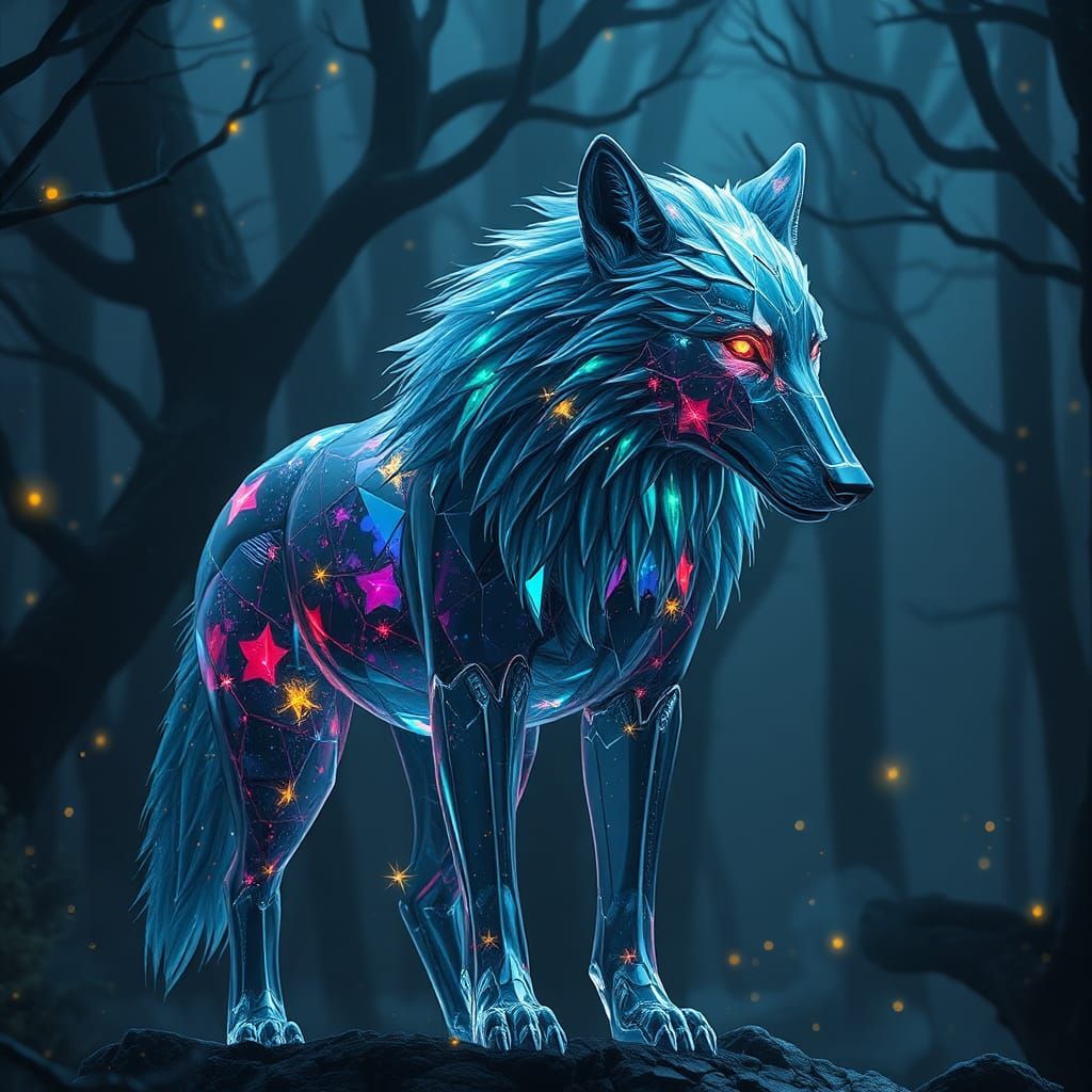 Glass Wolf in Mystical Forest: Fantasy Concept Art