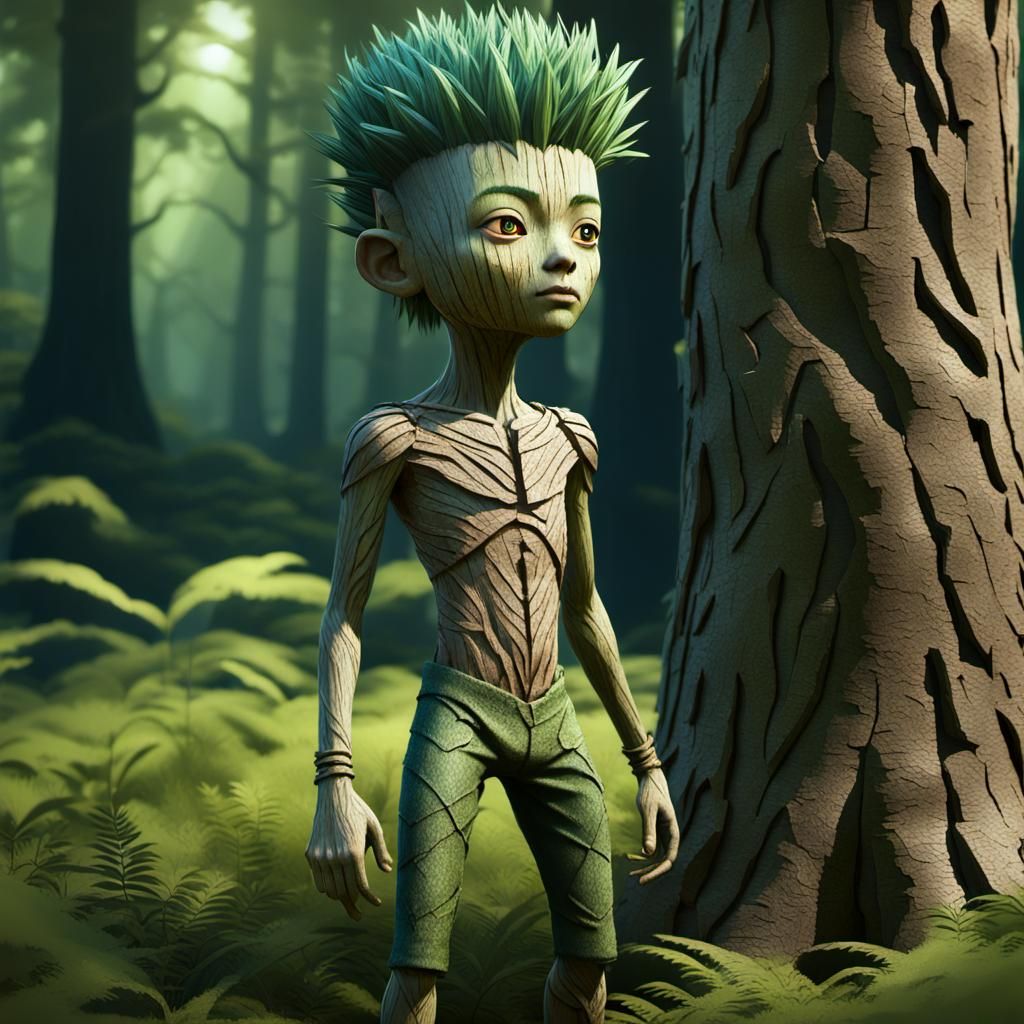 Tree Boy in Forest: 3D Anime Art