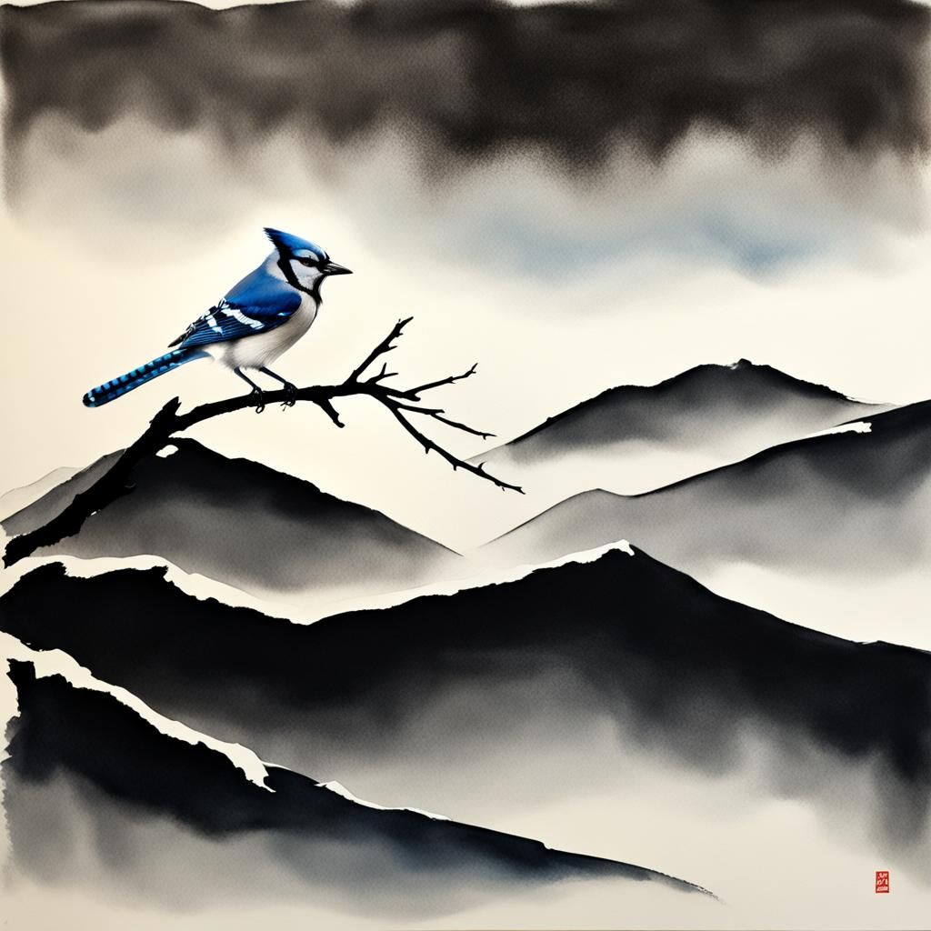 Blue Jay Sumi-e Painting with Selective Color