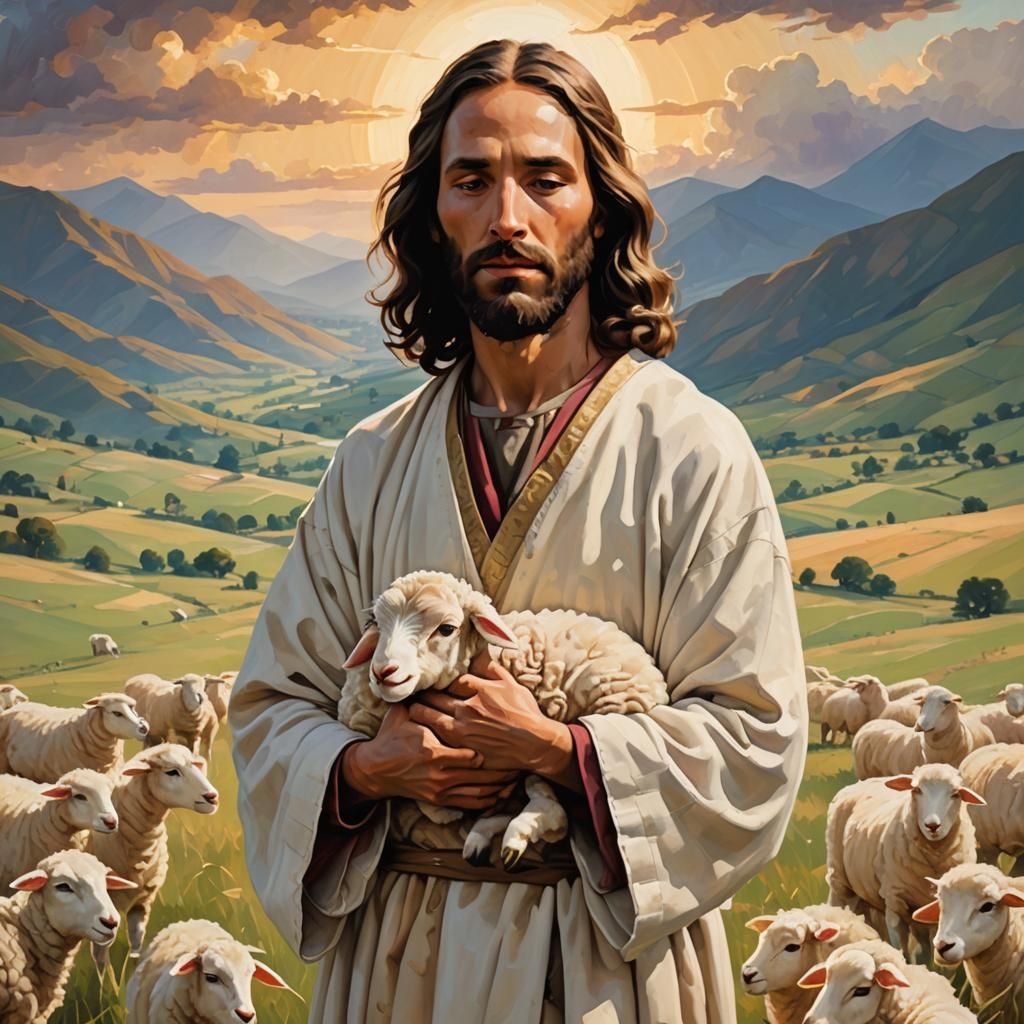 Jesus and Lamb in Romantic Pastoral Landscape