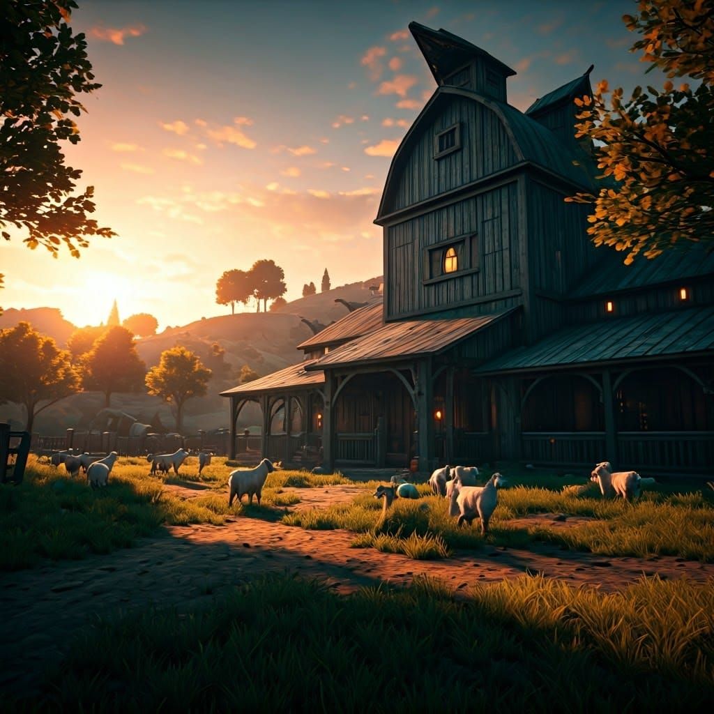 Majestic Goat Farm at Sunset in Art Nouveau Style