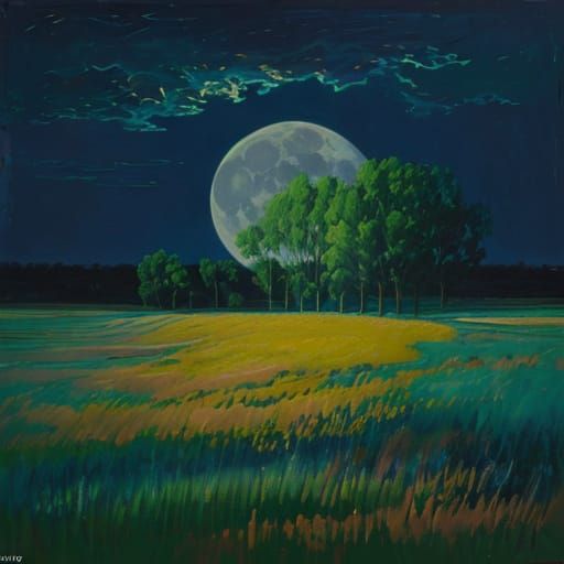 Vibrant Impasto Oil Painting of Moonlit Field