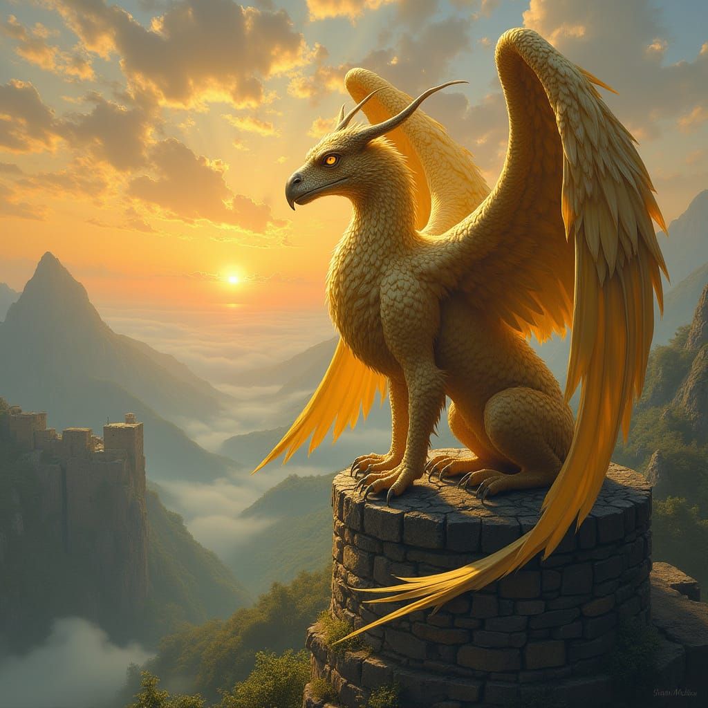 Golden Griffin Perched Atop Ancient Tower