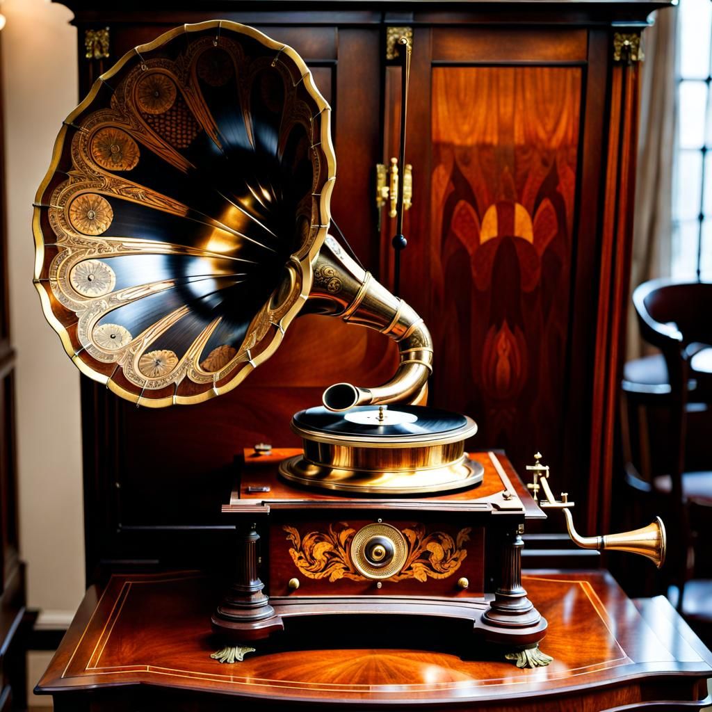 Ornate 1920s Gramophone with Brass Horn