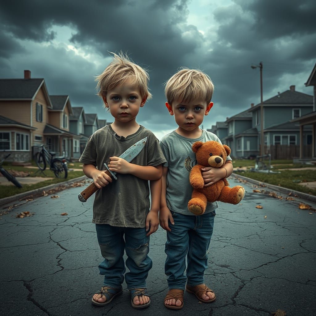 Twin Boys in Devastated Street, Dark Fantasy Style