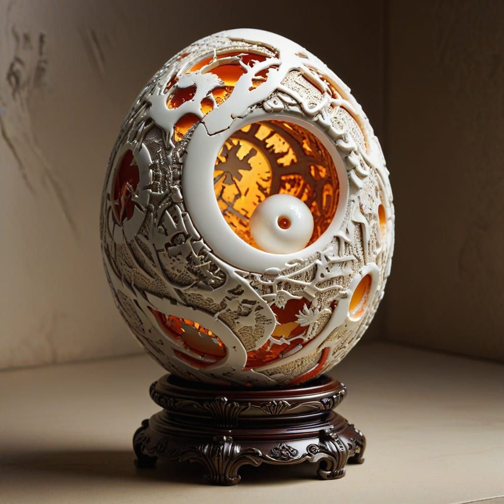 Intricate Yin Yang Silhouette in Ornate, Cracked Eggshell Po...
