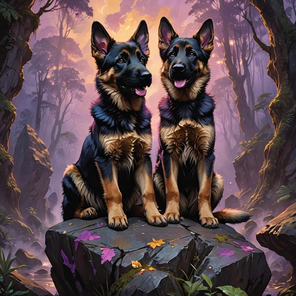 Three-Headed Puppy in Dark Fantasy Rainforest