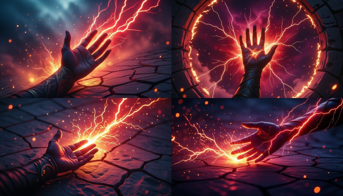 Glowing Hand Emitting Red and Gold Energy