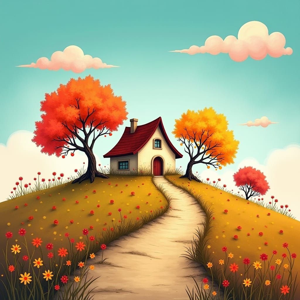 Whimsical Landscape with Crooked House in Folk Art Style