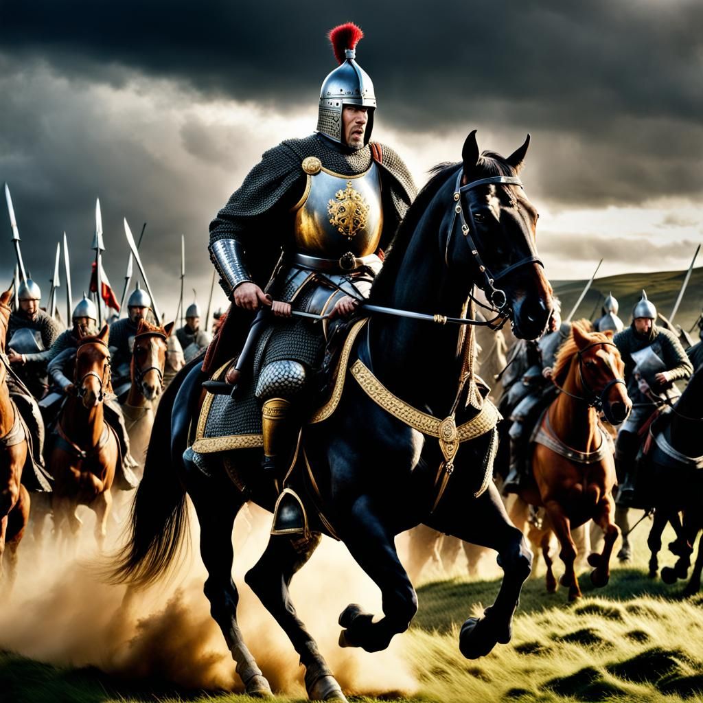 Robert the Bruce charging into battle in front of army of a hundred Scots