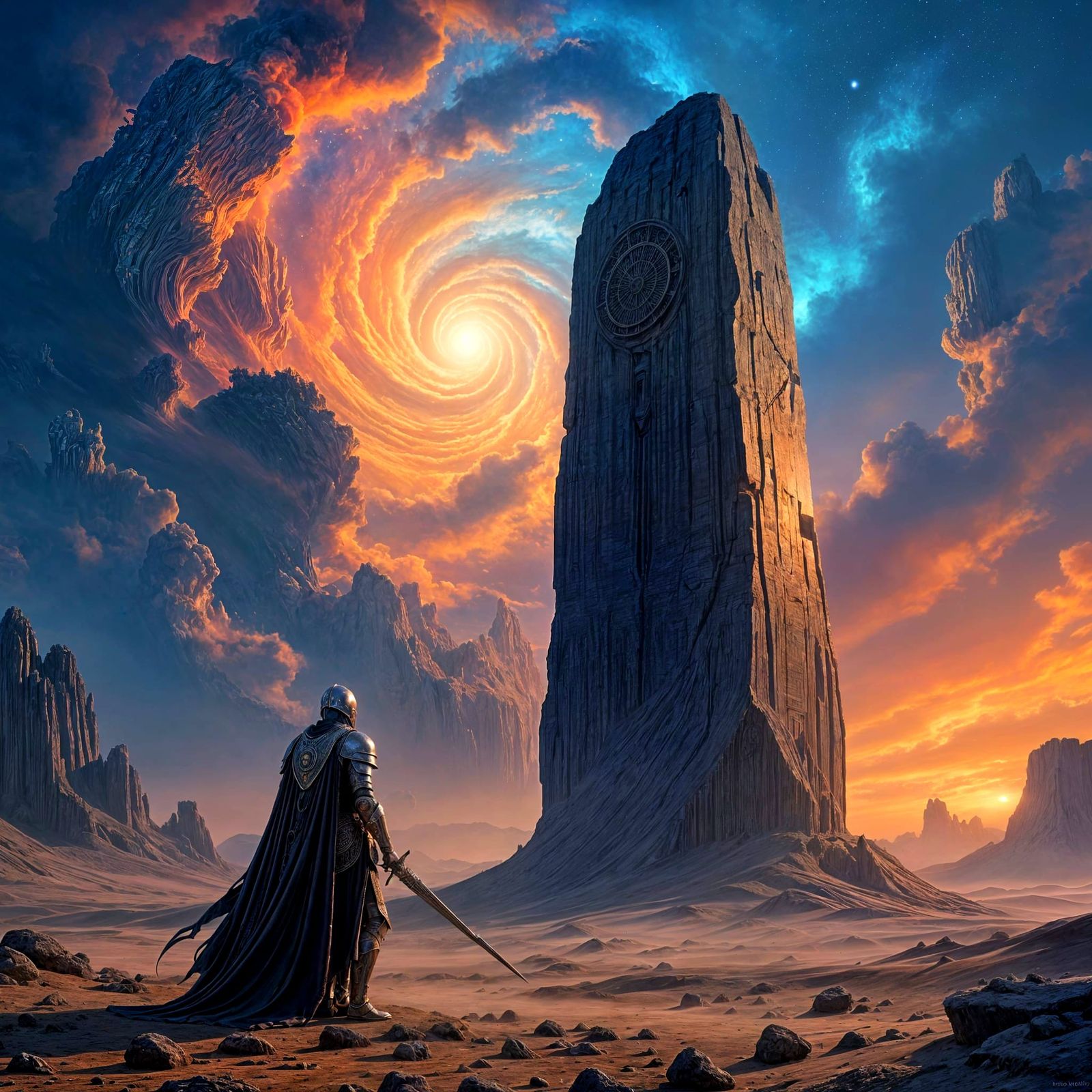 Lone Knight Before Alien Monolith in Cosmic Nebula