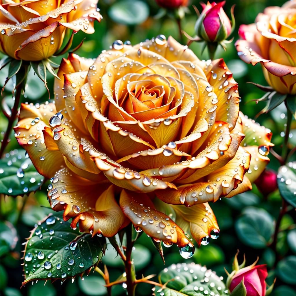 Golden Rose with Dew Drops in Dreamy Garden