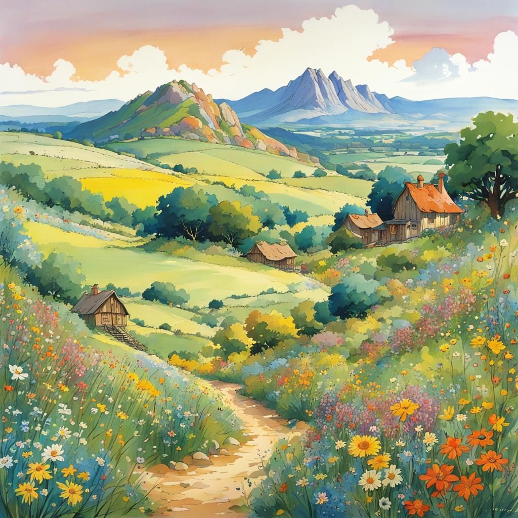 Anime Style Wildflower Landscape Inspired by Blake and Hobbi...