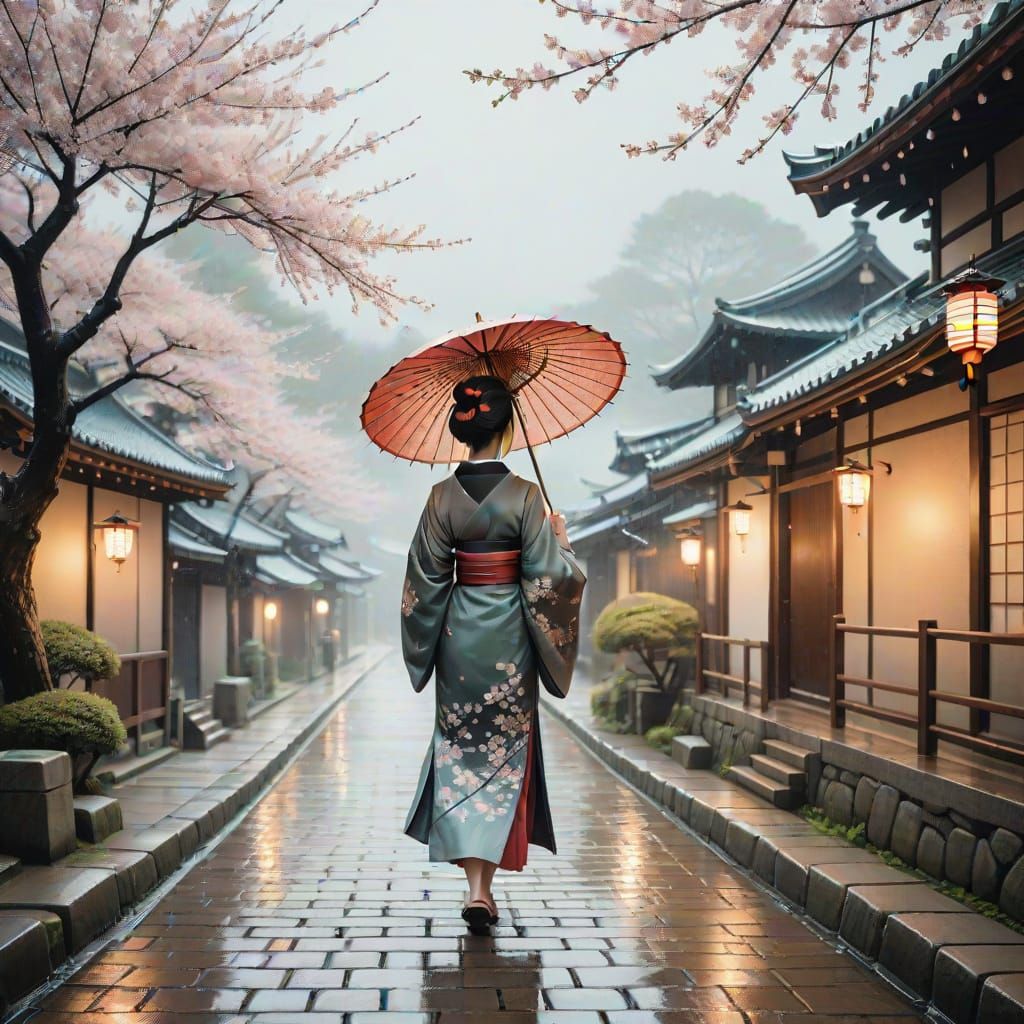 Ukiyo-e Woman with Cherry Blossom Parasol