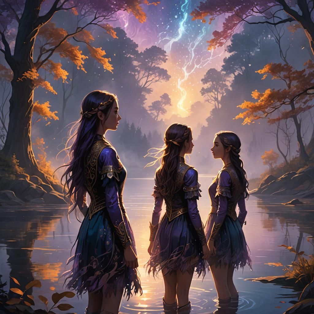 Fantastical Sisters Bask in Enchanting Lake Scene, in Cyberp...