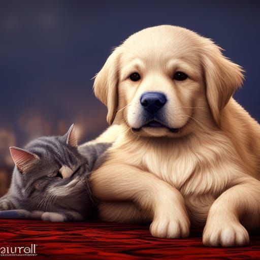 Golden Retriever and Tabby Cat Cuddling