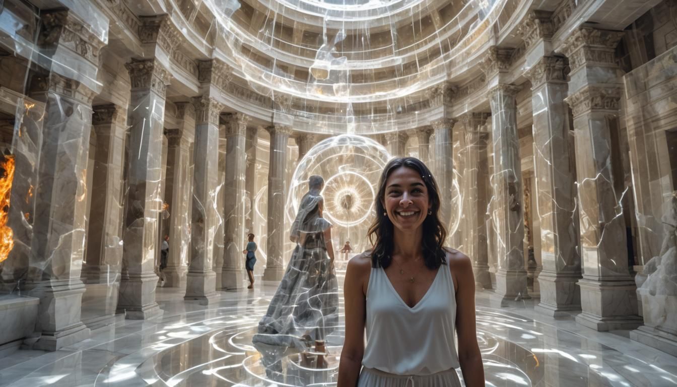 Double Exposure: Smiling Figure in Crystalline Dome