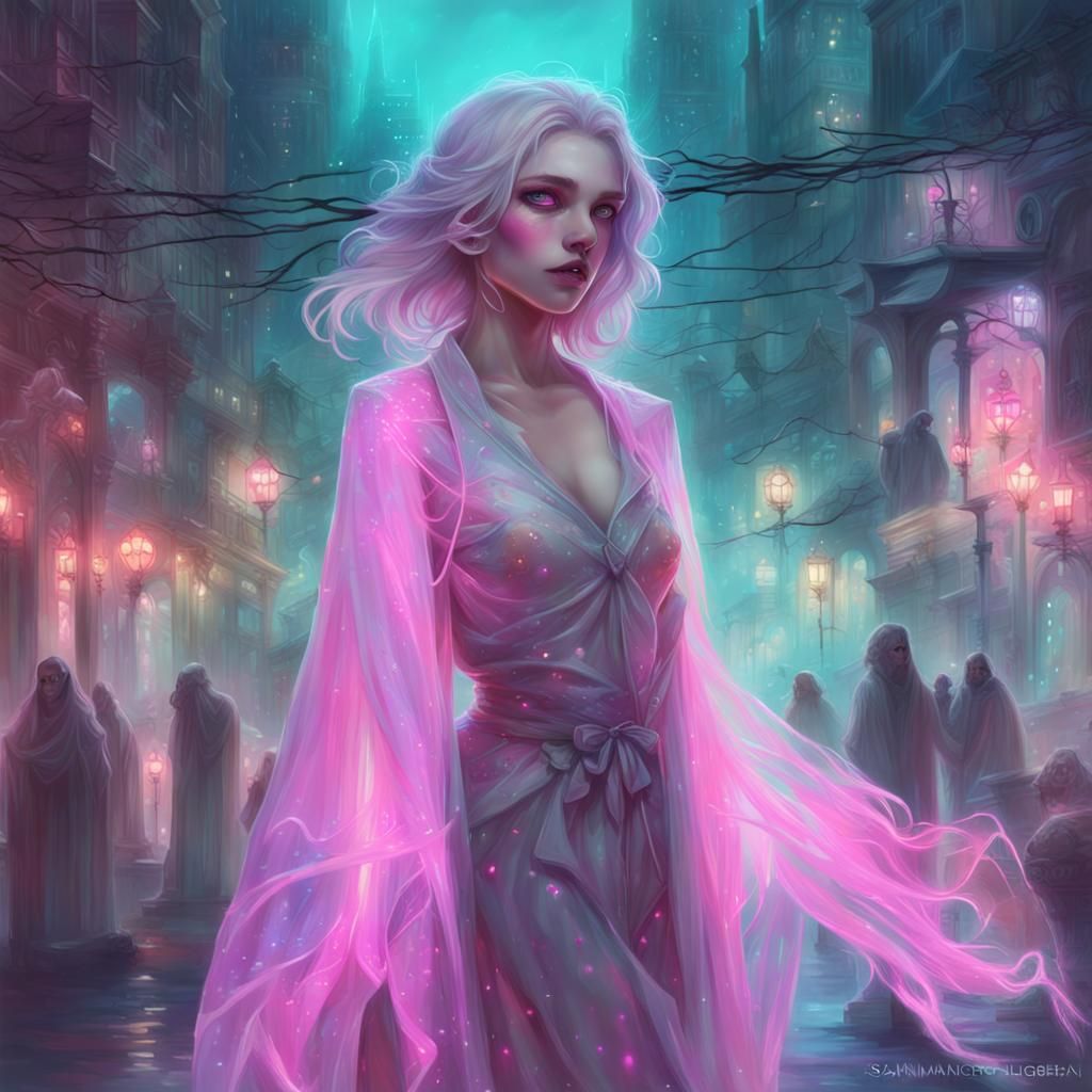 Ethereal Wraith in Neon City Cemetery: Digital Painting