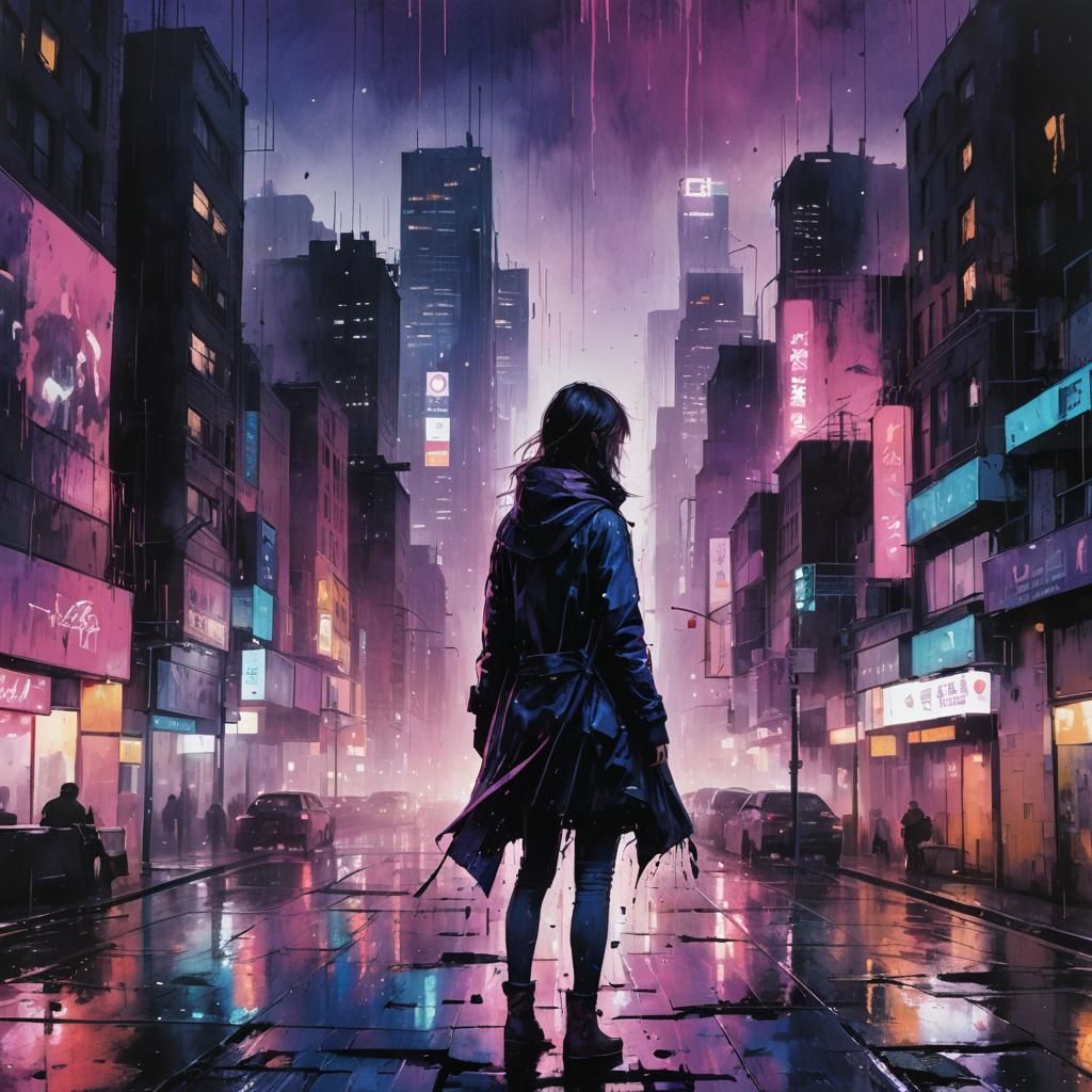 Neon Cityscape Watercolor Illustration with Silhouetted Figu...