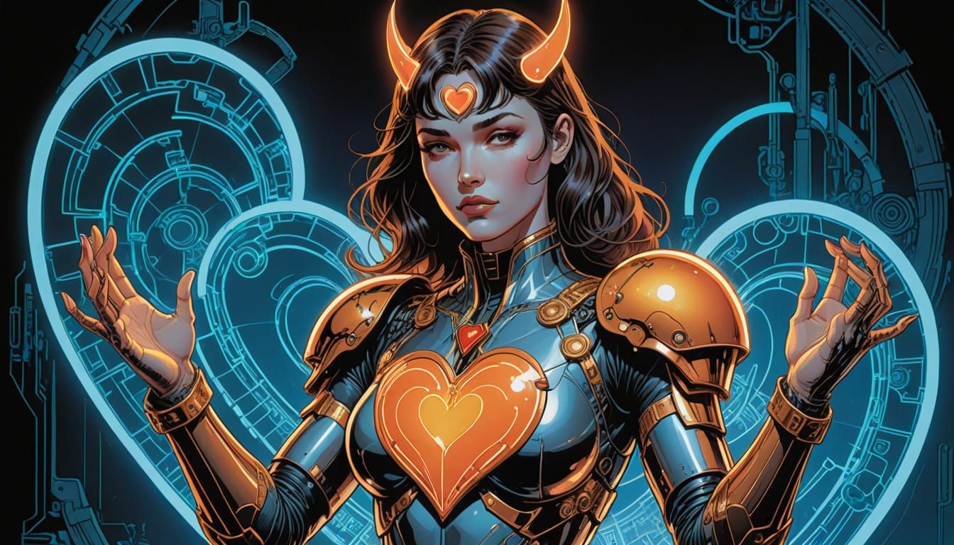 Cyberpunk Gynoid in Heart-Shaped Pose with Neon Lights