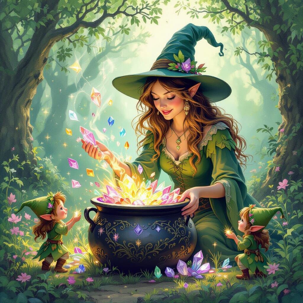 Benevolent Witch Brews Glowing Crystals in Enchanted Forest