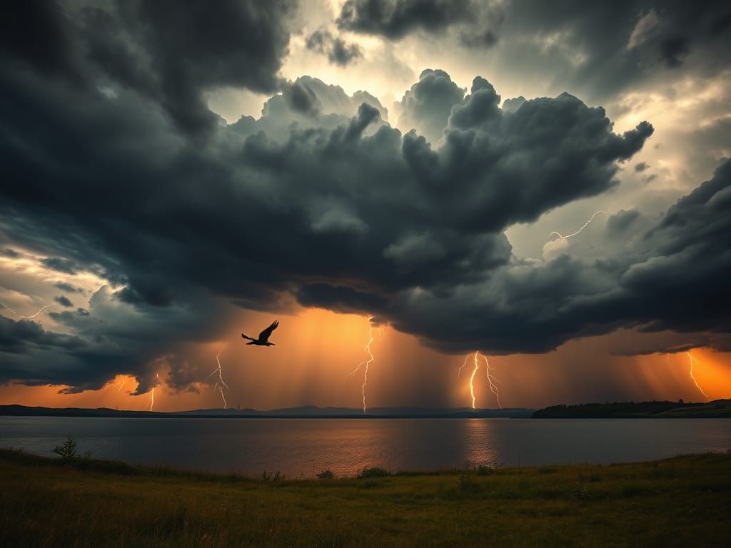 Stormy Skies Over Serene Lake in Cinematic Style