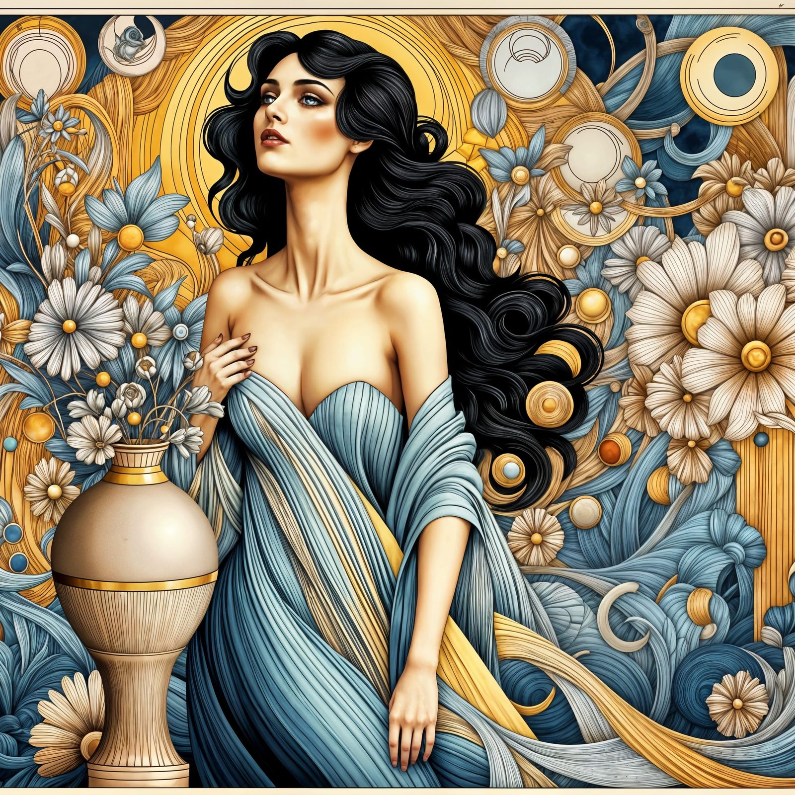 Art Nouveau Woman with Flowers Amid Abstract Shapes