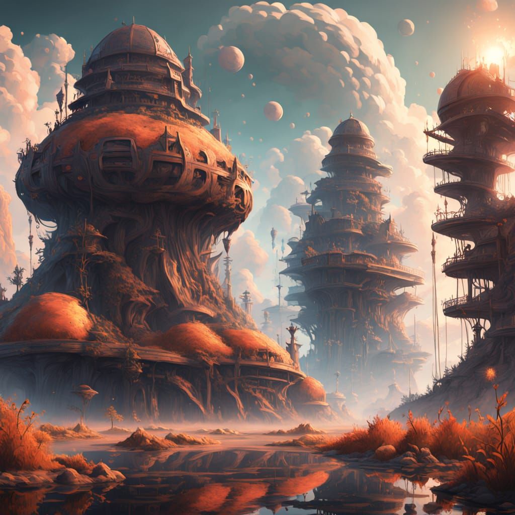 Abandoned Mothership in Iridescent Swamp on a Dark Alien Wor...