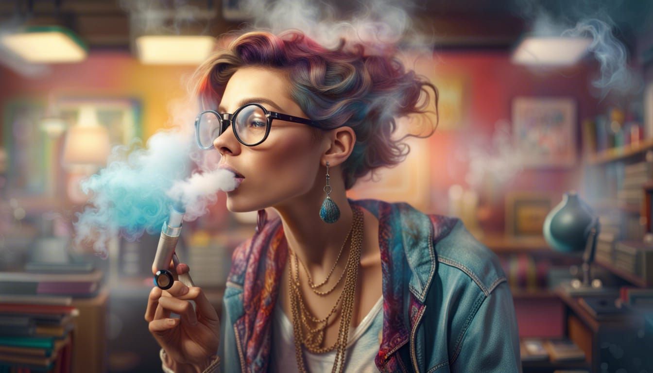 Hipster Vaping in Thrift Store, Hyperrealistic Splash Art