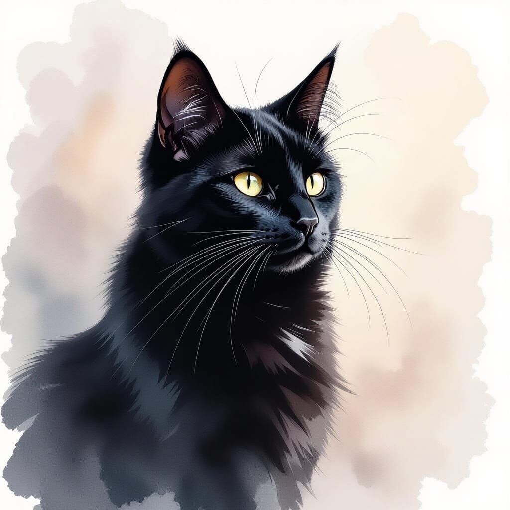 Watercolour Black Cat with Mystical Aura