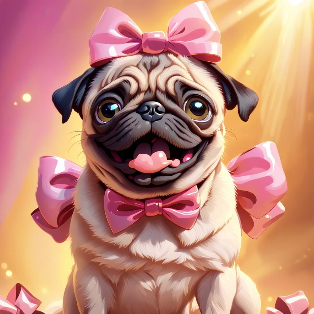 Cute Anime Pug Wears a Vibrant Pink Bow
