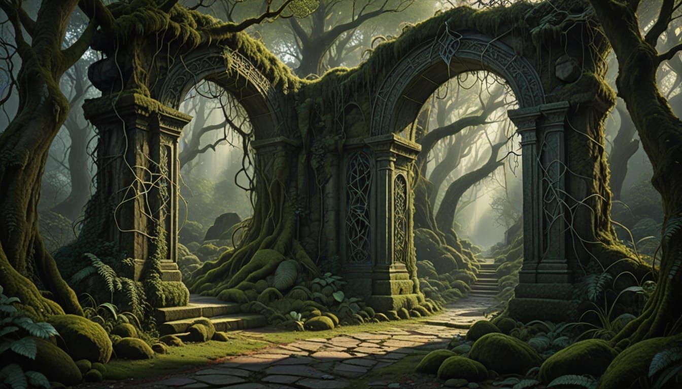 Ancient Gateway to Enchanted Forest in Dark Fantasy Style