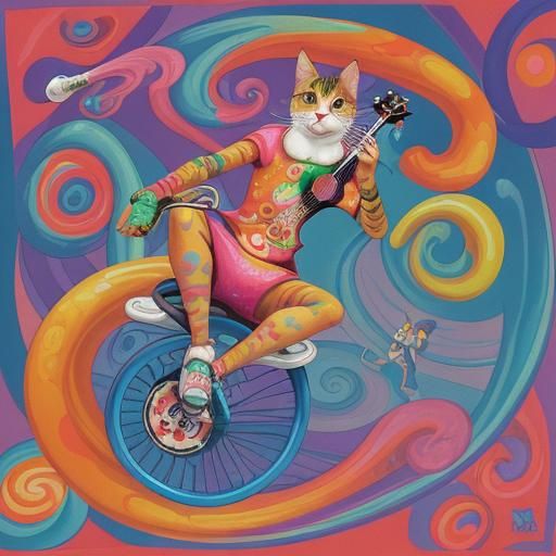 Cat on Unicycle in Candyland Gouache Art