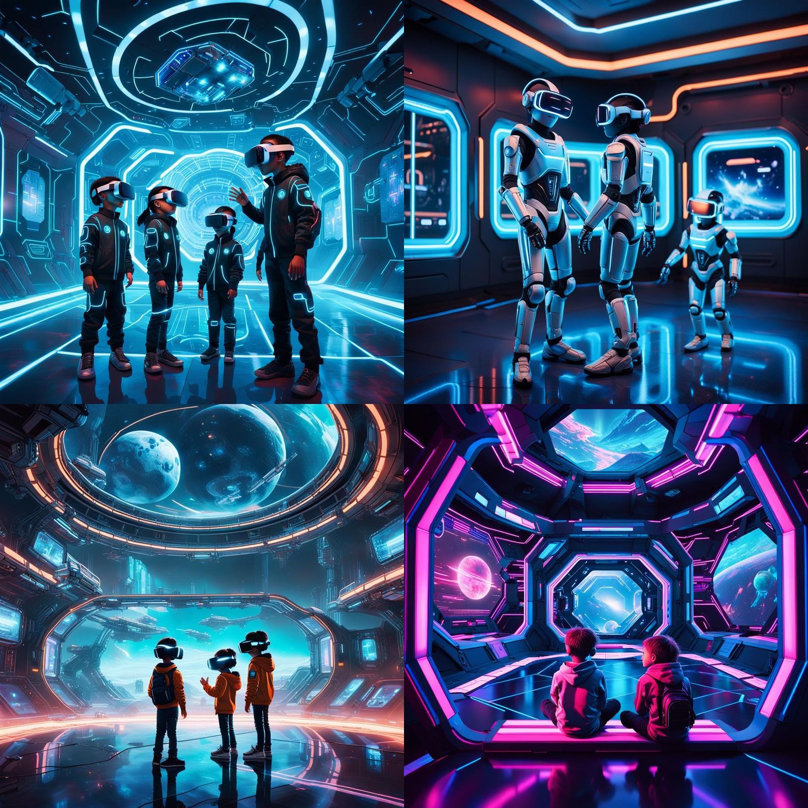 Cyberpunk Children Explore Virtual Reality in Futuristic Spa...