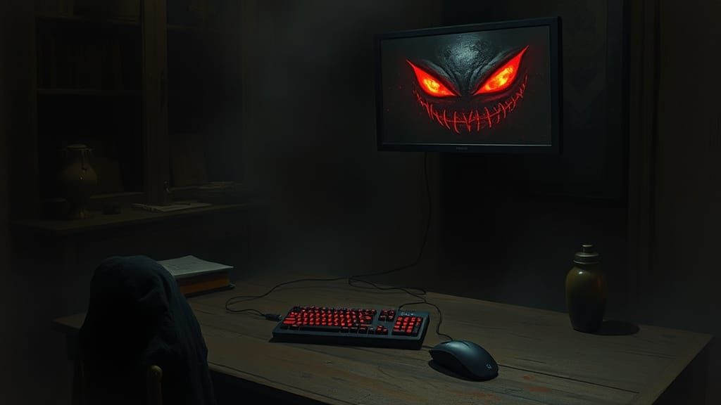 Sinister Floating Computer with Glowing Red Eyes