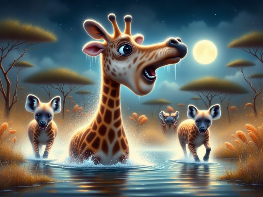 Giraffe Under Full Moonlight, Chased by Hyenas in Whimsical ...